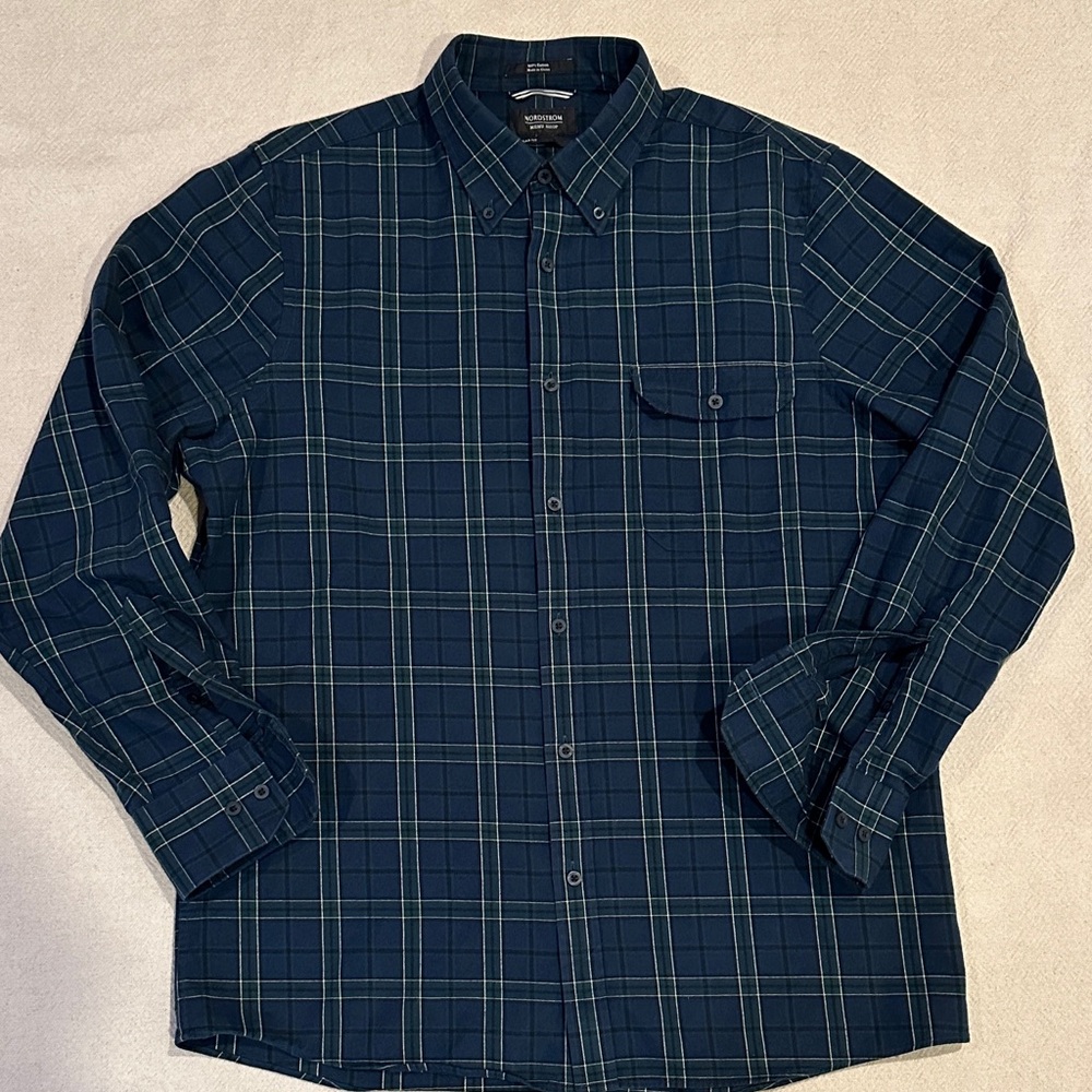 Nordstrom Navy and Green Plaid Button-Down Shirt L